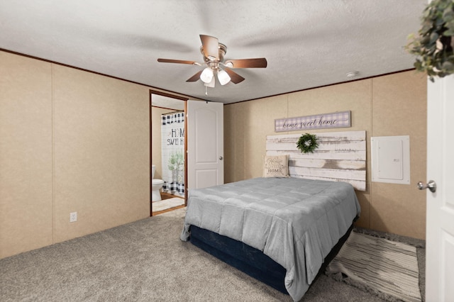 bedroom with crown molding, a textured ceiling, carpet flooring, electric panel, and ceiling fan