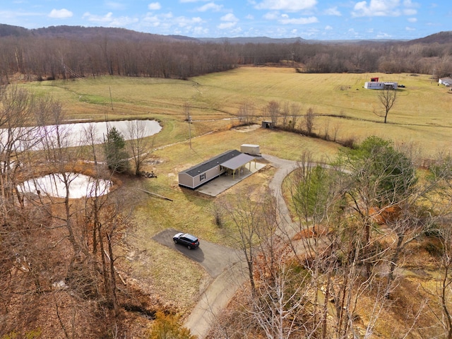 aerial view featuring a water view and a rural view