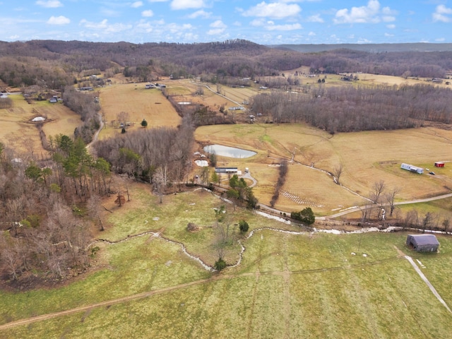 aerial view featuring a water view and a rural view