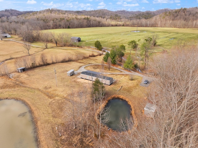 birds eye view of property with a water view and a rural view