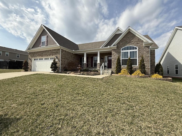 craftsman-style house featuring a garage, board and batten siding, concrete driveway, and a front yard