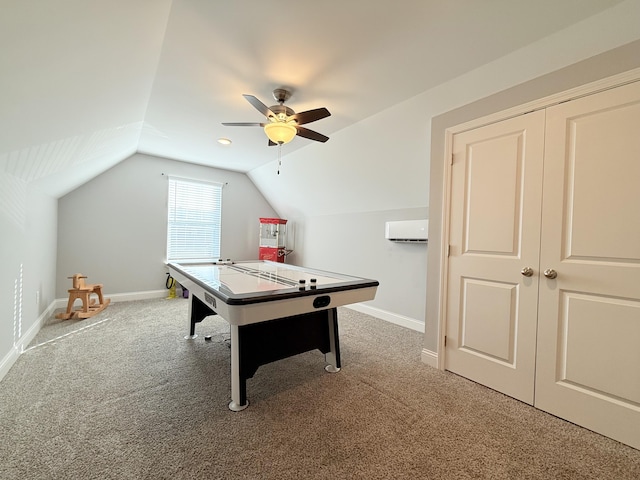 game room with baseboards, lofted ceiling, a ceiling fan, and carpet flooring