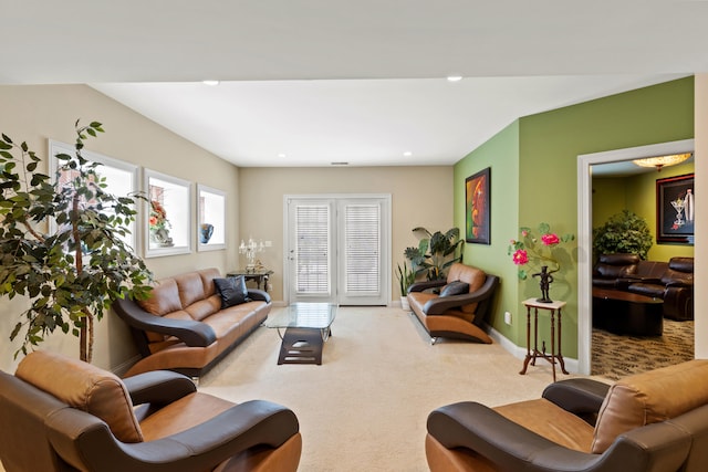 living area with recessed lighting, carpet flooring, and baseboards