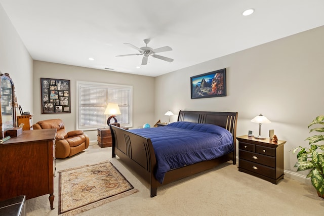 bedroom with recessed lighting, visible vents, light carpet, ceiling fan, and baseboards