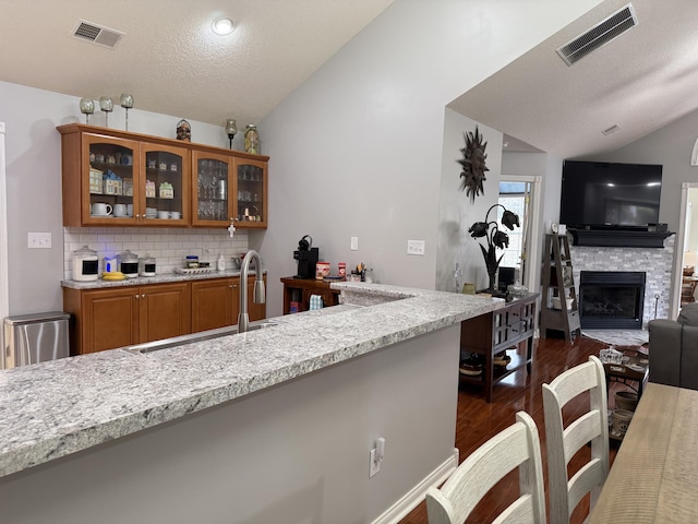 403 Chateau Pl, Bronston, KY 42518 - bar featuring sink, vaulted ceiling, dark hardwood / wood-style flooring, light stone countertops, and backsplash