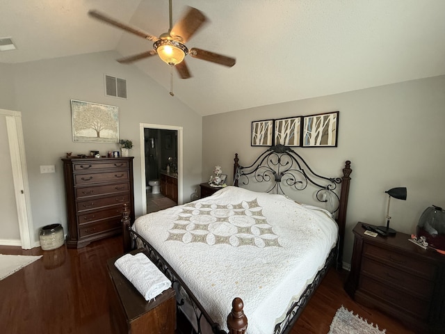 403 Chateau Pl, Bronston, KY 42518 - bedroom with vaulted ceiling, dark wood-type flooring, ensuite bathroom, and ceiling fan