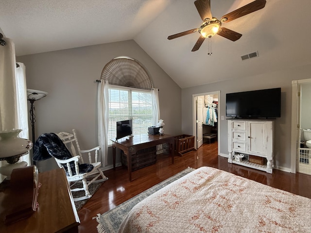 403 Chateau Pl, Bronston, KY 42518 - bedroom with vaulted ceiling, dark hardwood / wood-style flooring, a spacious closet, ceiling fan, and a textured ceiling