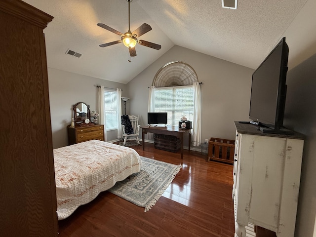 403 Chateau Pl, Bronston, KY 42518 - bedroom featuring ceiling fan, dark hardwood / wood-style floors, vaulted ceiling, and a textured ceiling