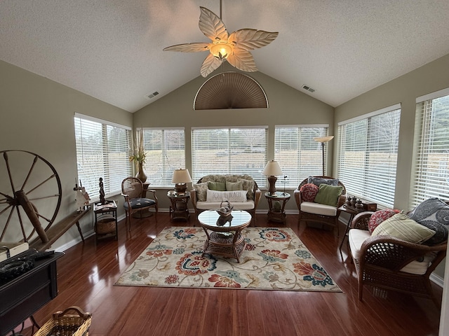 403 Chateau Pl, Bronston, KY 42518 - living room featuring a textured ceiling, dark wood-type flooring, ceiling fan, and vaulted ceiling