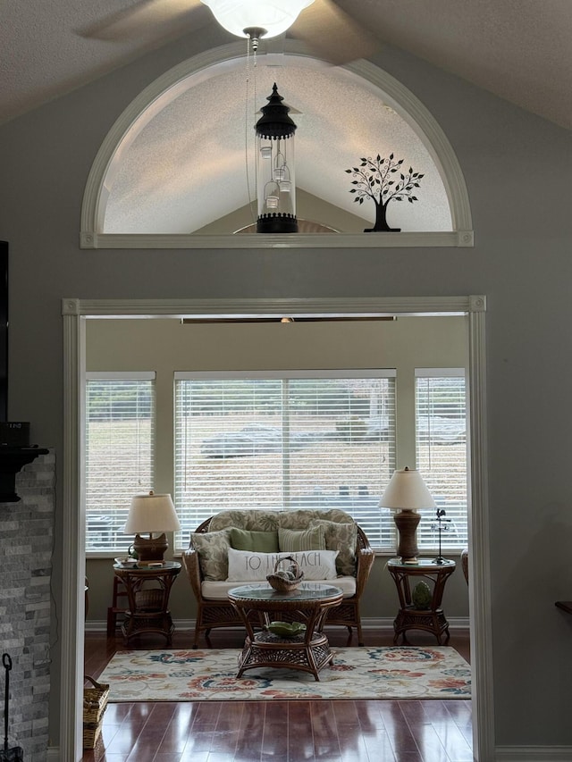 403 Chateau Pl, Bronston, KY 42518 - interior space featuring lofted ceiling, hardwood / wood-style floors, and a textured ceiling