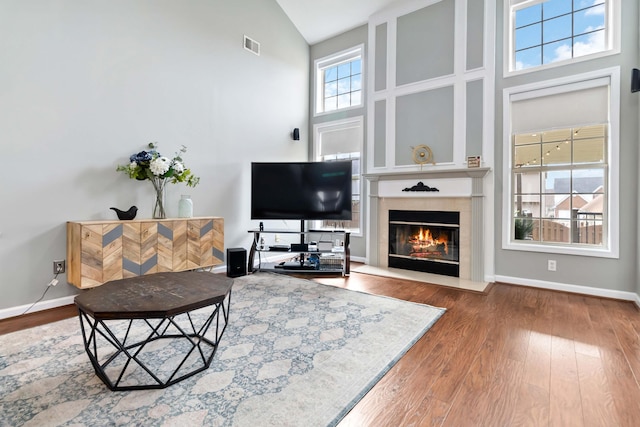 living room featuring wood-type flooring and high vaulted ceiling