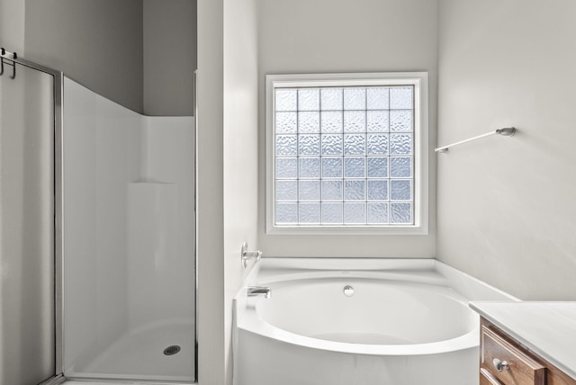 bathroom with vanity, plenty of natural light, and independent shower and bath