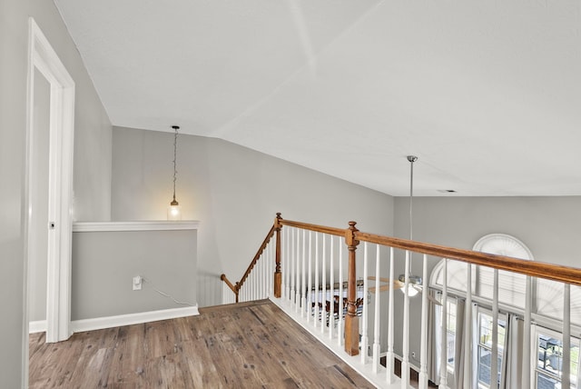 hallway with lofted ceiling and wood-type flooring