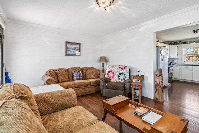 living room featuring ornamental molding, dark hardwood / wood-style floors, and a textured ceiling