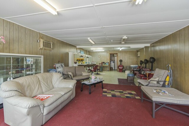 interior space with a wall unit AC and wood walls