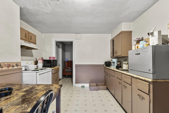 kitchen with white range with electric cooktop and a textured ceiling