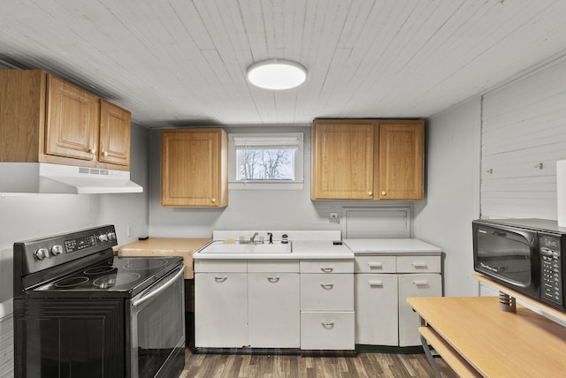 kitchen featuring range with electric stovetop, sink, wood ceiling, and dark hardwood / wood-style flooring