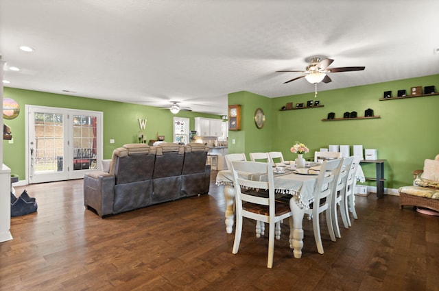 dining room featuring dark wood-type flooring and ceiling fan