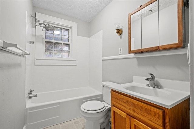 full bathroom featuring vanity, toilet, a textured ceiling, and shower / bath combination