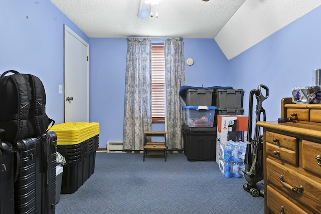 interior space featuring lofted ceiling, ceiling fan, a textured ceiling, and carpet