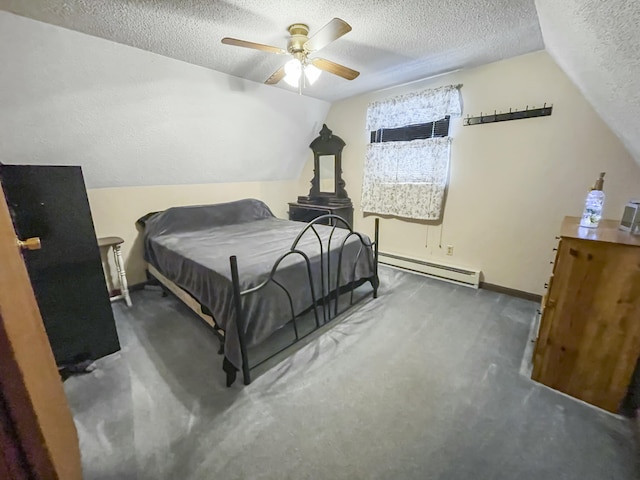 bedroom with ceiling fan, a baseboard radiator, lofted ceiling, and a textured ceiling