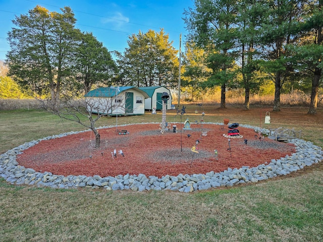 view of yard featuring a storage unit