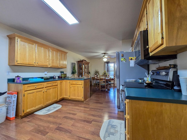 kitchen featuring ceiling fan, appliances with stainless steel finishes, dark hardwood / wood-style flooring, and kitchen peninsula