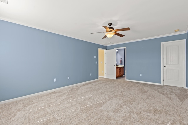 unfurnished bedroom with light colored carpet, ceiling fan, connected bathroom, and ornamental molding