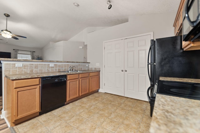 kitchen with ceiling fan, tasteful backsplash, black appliances, vaulted ceiling, and kitchen peninsula