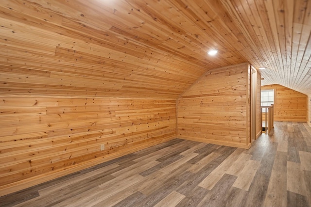 additional living space with lofted ceiling, a sauna, wood ceiling, wood finished floors, and wood walls