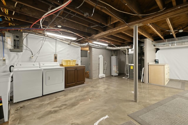 unfinished below grade area with water heater, independent washer and dryer, electric panel, and heating unit