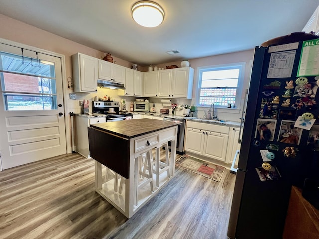 kitchen featuring stainless steel appliances, white cabinets, and light hardwood / wood-style flooring