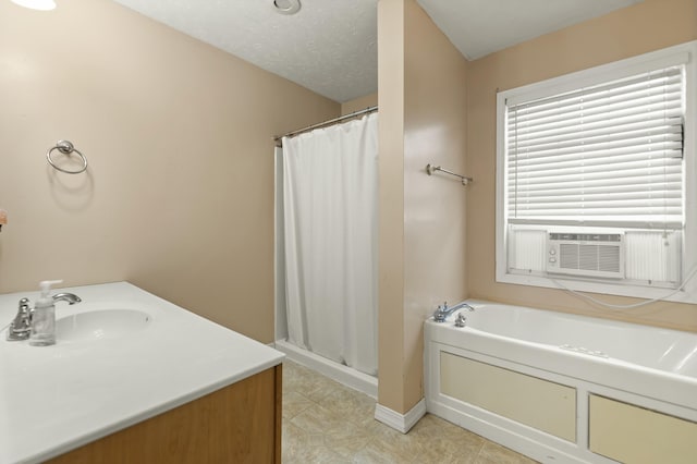 bathroom with cooling unit, vanity, tile patterned floors, and plus walk in shower