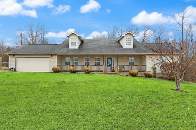 cape cod-style house with a porch, a garage, and a front yard