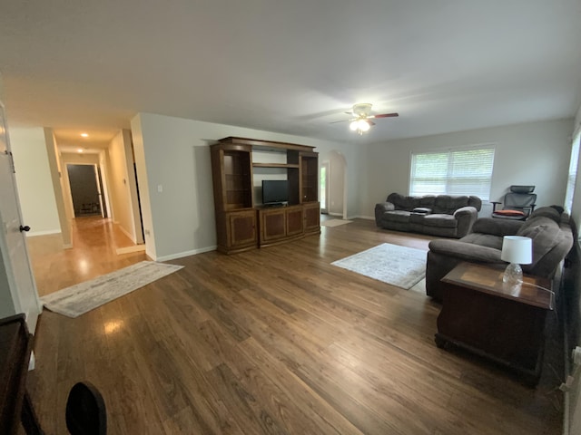 251 A Duncan Rd, Strunk, KY 42649 - living room featuring arched walkways, a ceiling fan, and dark wood finished floors