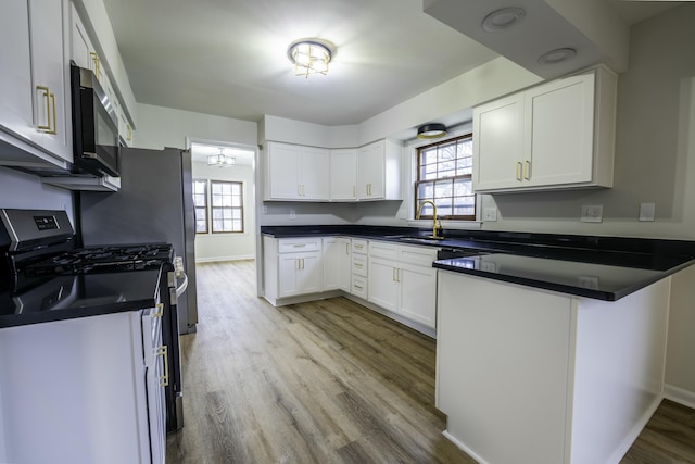 kitchen with stainless steel appliances, a peninsula, a sink, and a wealth of natural light