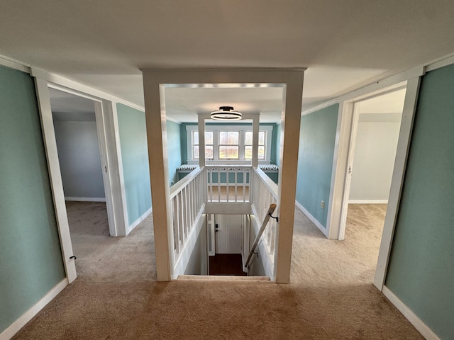 hallway with ornamental molding and carpet flooring