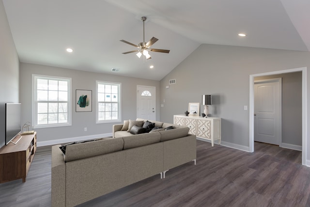 living room featuring dark wood-type flooring, ceiling fan, and lofted ceiling