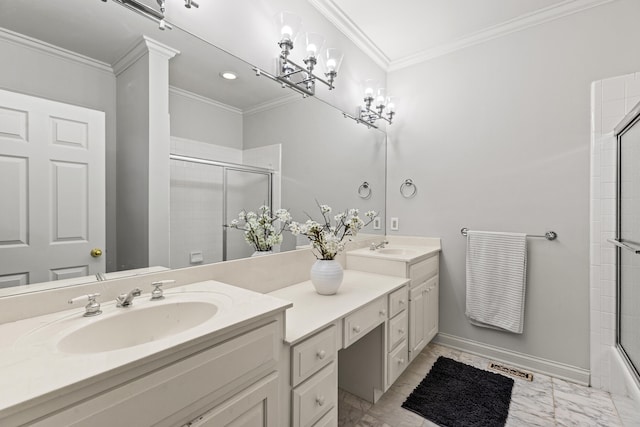 bathroom with crown molding, combined bath / shower with glass door, and vanity