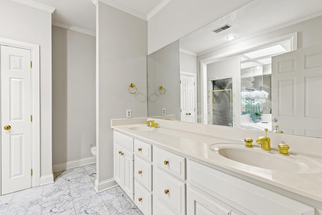 bathroom with crown molding, toilet, vanity, and walk in shower