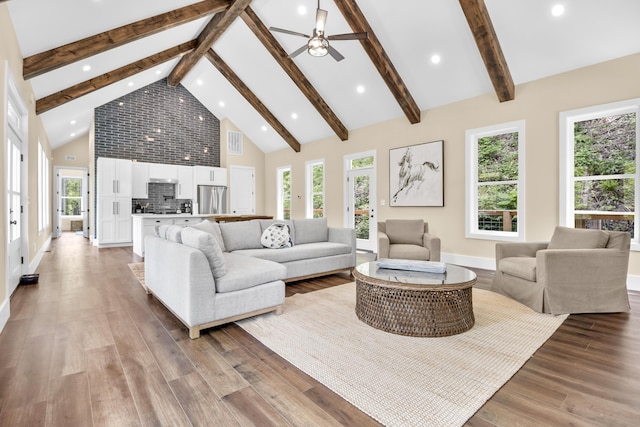 780 Lake Rd, London, KY 40741 - living area with high vaulted ceiling, light wood-style floors, beam ceiling, ceiling fan, and recessed lighting