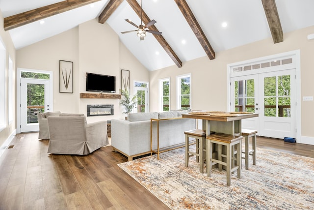 780 Lake Rd, London, KY 40741 - living room with a glass covered fireplace, beam ceiling, high vaulted ceiling, wood finished floors, and ceiling fan