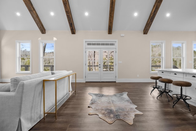 living room featuring vaulted ceiling with beams, dark hardwood / wood-style floors, and french doors