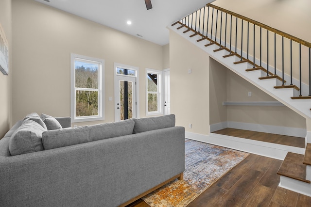 living room with dark hardwood / wood-style floors