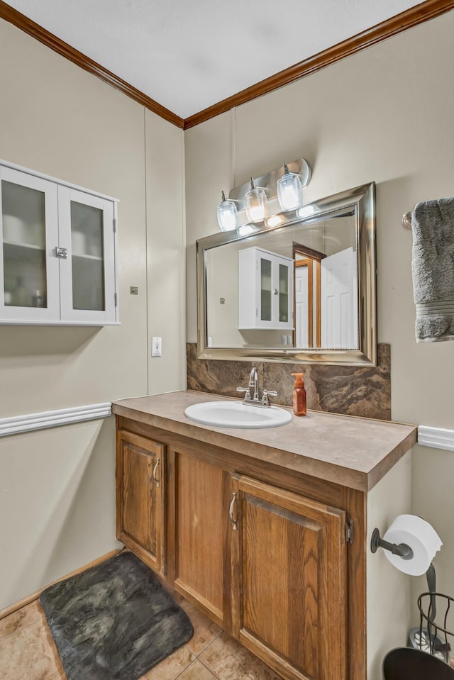 579 Fraley Rd, Salt Lick, KY 40371 - bathroom featuring vanity, tile patterned flooring, backsplash, and crown molding