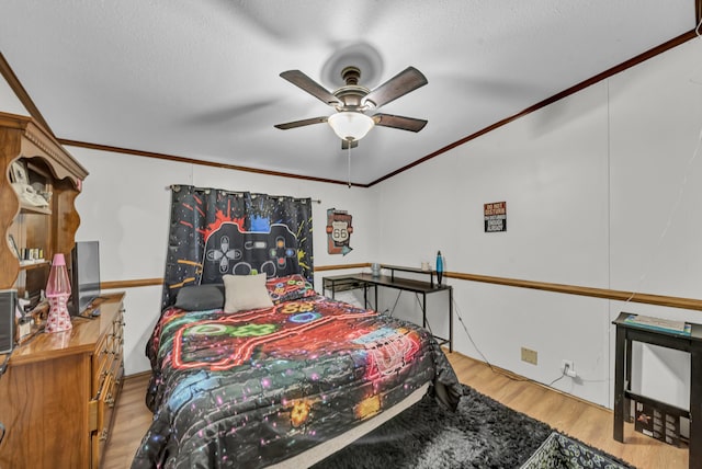579 Fraley Rd, Salt Lick, KY 40371 - bedroom featuring ceiling fan, ornamental molding, wood finished floors, and a textured ceiling