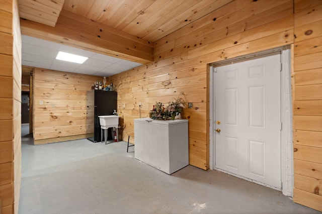 laundry area featuring sink and wooden walls