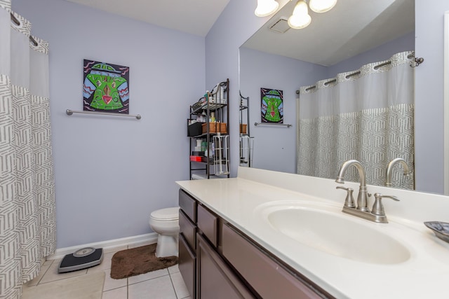 bathroom with vanity, a shower with shower curtain, baseboards, tile patterned floors, and toilet