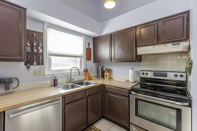 kitchen featuring a sink, dark brown cabinets, under cabinet range hood, appliances with stainless steel finishes, and tasteful backsplash