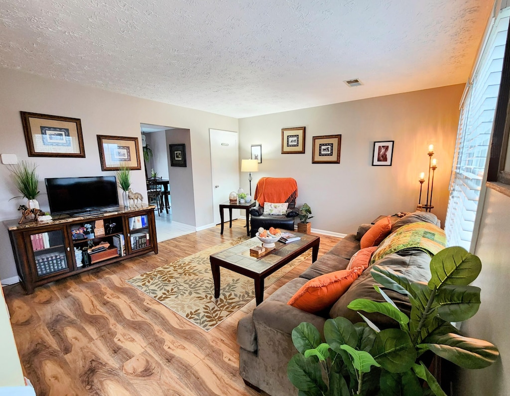 living room featuring light hardwood / wood-style floors and a textured ceiling